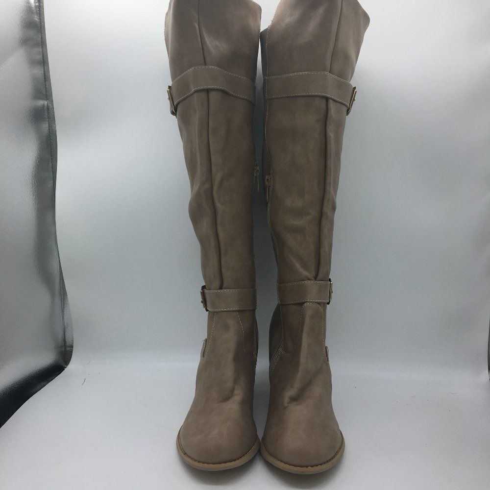 Brown Knee High Boots Chunky Mid Heels Buckle Zipper Winter Boots Shoes